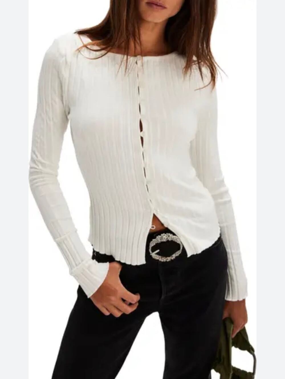 Free People White Ribbed Long-Sleeve Button Cardigan